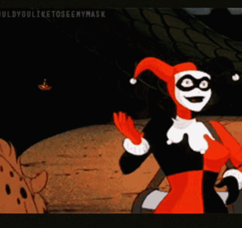 a cartoon of harley quinn standing in front of a group of hyenas .