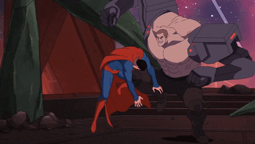 a cartoon of superman standing next to a robot with a red light on it