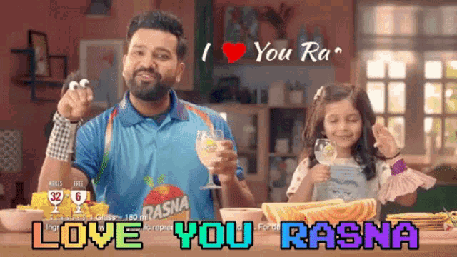 a man in a rashna shirt stands next to a little girl holding a glass