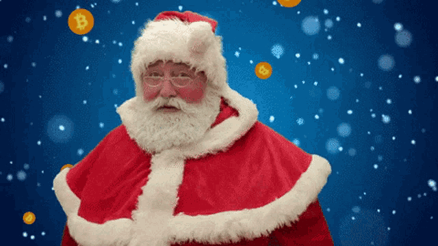 a man dressed as santa claus stands in front of a blue background with bitcoins