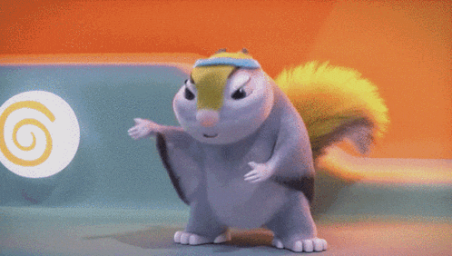 a cartoon squirrel wearing a blue headband is holding a white ball with a yellow swirl on it