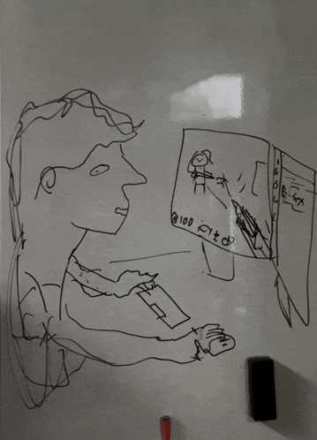a white board has a drawing of a man playing a video game with the number 100 written on it