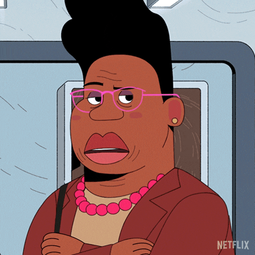 a cartoon of a woman wearing glasses and a necklace with the word netflix on the bottom right