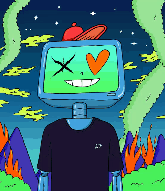 a cartoon drawing of a robot wearing a black shirt with the number 27 on the sleeve