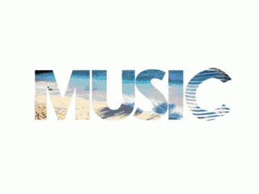 the word music is displayed with a reflection of trees