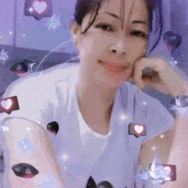 a woman in a white shirt is surrounded by hearts
