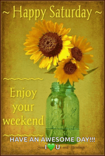 a picture of sunflowers in a mason jar with the words happy saturday enjoy your weekend