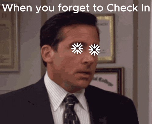 a man in a suit and tie has snowflakes in his eyes and the words " when you forget to check in "