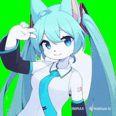 hatsune miku is wearing a white and blue outfit with a cat ear and tail