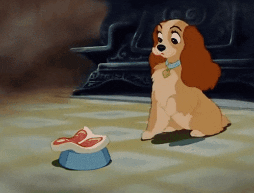 a cartoon dog looking at a bowl of meat