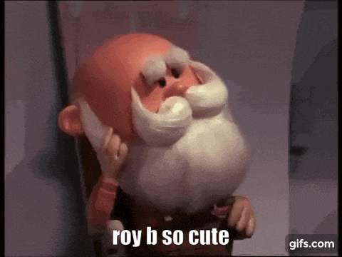 a cartoon character with a beard and mustache is talking about roy b so cute .