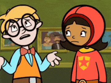 a boy with glasses and a girl in a red superhero costume are talking to each other