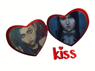 two red hearts with a picture of a girl and the word kiss