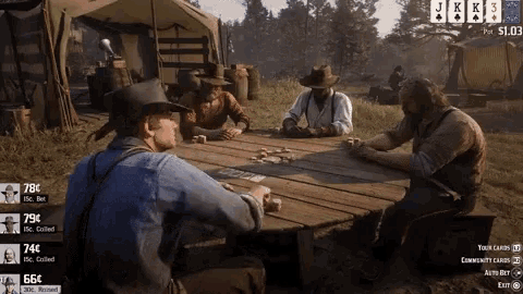 a group of men are playing a game of cards and one of the cards has a value of 781 cents