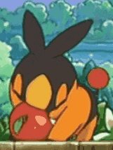 a cartoon rabbit is eating an apple .