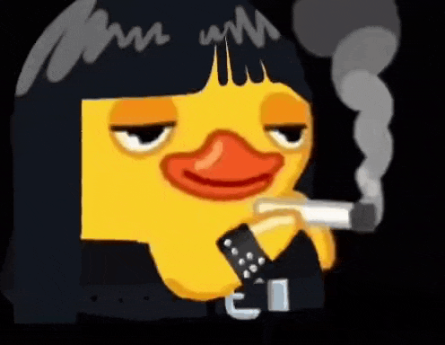 a yellow duck is smoking a cigarette with smoke coming out of its mouth .