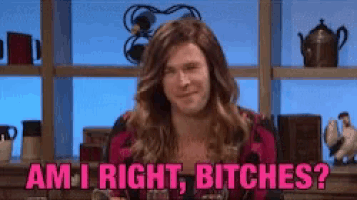 a woman is sitting at a table and saying am i right bitches
