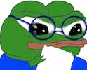 a green frog wearing glasses and a blue shirt is holding a napkin .