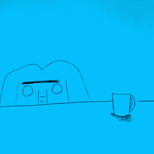 a blue background with a drawing of a face and a cup