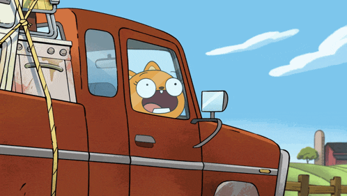 a cartoon cat is sitting in the back of a truck looking out the window