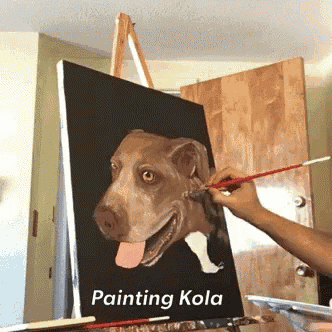 a person is painting a dog on a canvas with kola written on it
