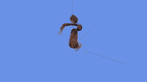 a 3d model of a woman in a brown dress holding a whip on a blue background