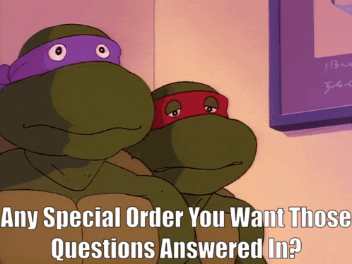 two teenage mutant ninja turtles standing next to each other with the caption " any special order you want those questions answered in ? "