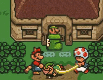 a pixel art scene of mario and toad standing in front of a house