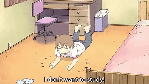 a cartoon of a boy laying on the floor with the words " i don 't want to study " above him