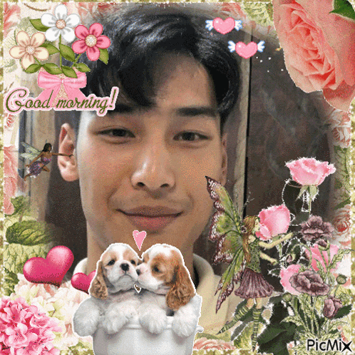 a man is surrounded by flowers and hearts with the words good morning on top