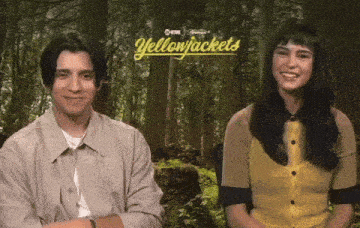 a man and a woman are sitting next to each other in front of a forest with yellowjackets written on the bottom
