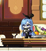 a pixel art of a girl with long blue hair standing on a table