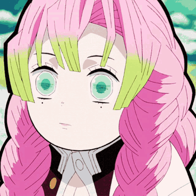 a girl with pink hair and green eyes is looking at something