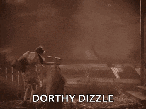 a black and white photo of a woman standing next to a fence with the words dorothy dizzle written below her