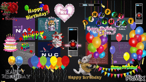 a collage of happy birthday cards with balloons and flowers