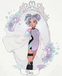 a girl with purple hair is standing in front of a mirror with flowers .