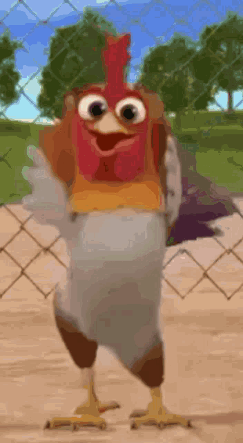 a chicken with a red crest is standing in front of a fence