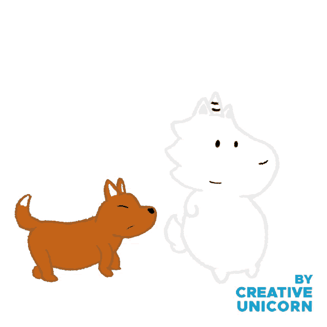 a drawing of a dog standing next to a white cat with a heart in its mouth