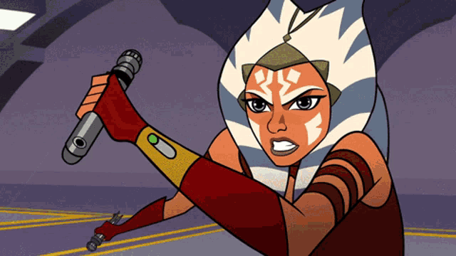 a cartoon of ahsoka tano holding a lightsaber in her right hand