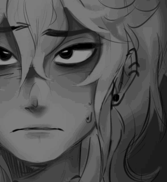a black and white drawing of a person 's face with a serious look on their face