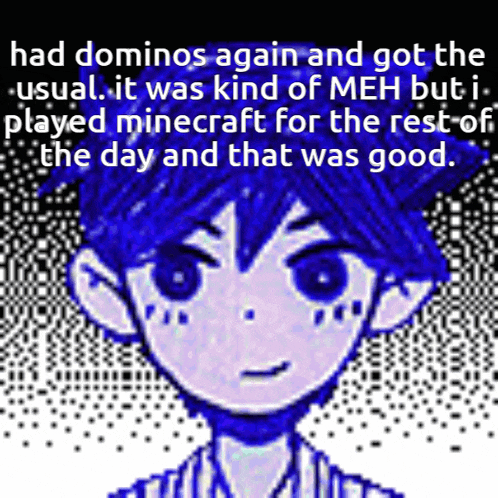 a drawing of a boy with the words " had dominoes again and got the usual "