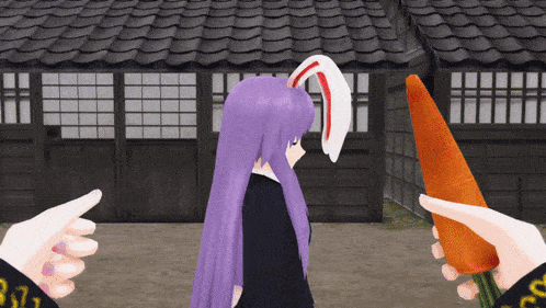a cartoon character with purple hair is holding a carrot in front of a building