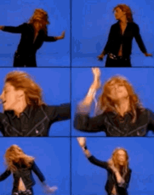 a woman in a black jacket is dancing on a blue screen