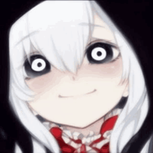 a girl with white hair and black eyes is wearing a hood and a red bow tie .