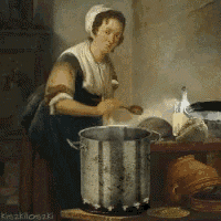 a painting of a woman in a kitchen with a pot