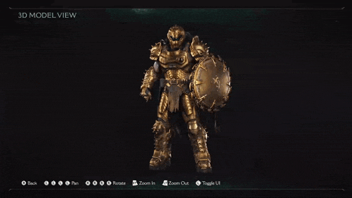 a video game screen shows a 3d model view of a warrior