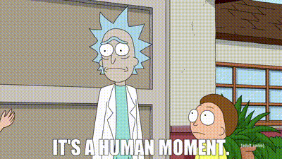 rick and morty from rick and morty are standing in front of a building and saying `` it 's a human moment ''