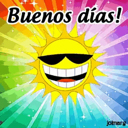 a cartoon sun with sunglasses and the words buenos dias written below it