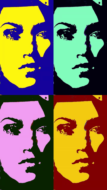 four different colored portraits of a woman 's face on a black background