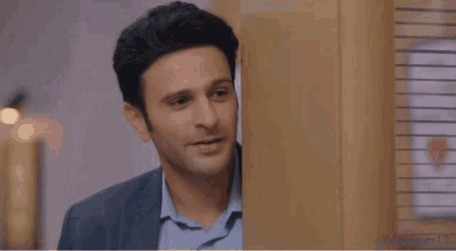 a man in a suit and blue shirt is standing next to a wooden door .